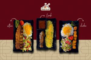 A busy and warm Persian restaurant in Woodland Hills (Kabob Village) filled with diners, featuring a table in the foreground loaded with authentic saffron rice, beef and chicken kabob platters, flatbread, and traditional sides like shirazi salad and yogurt, with an open kitchen and Ventura Boulevard visible through the window at dusk.