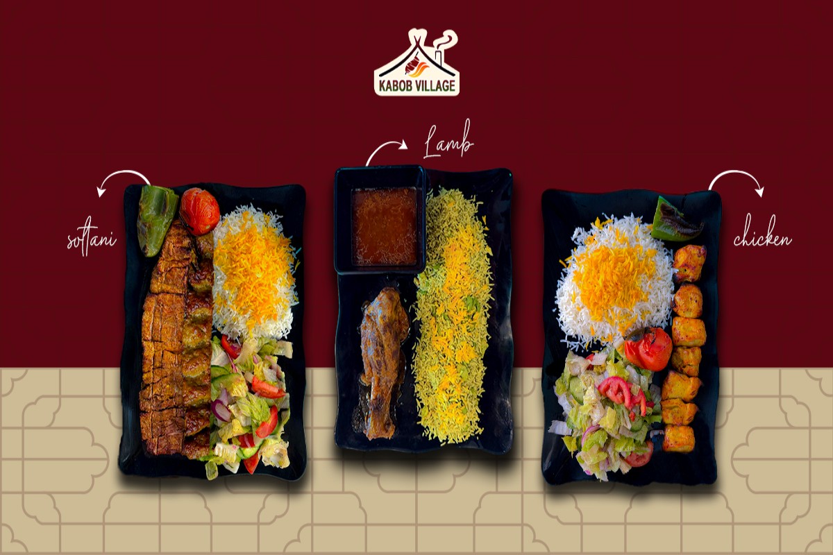 A busy and warm Persian restaurant in Woodland Hills (Kabob Village) filled with diners, featuring a table in the foreground loaded with authentic saffron rice, beef and chicken kabob platters, flatbread, and traditional sides like shirazi salad and yogurt, with an open kitchen and Ventura Boulevard visible through the window at dusk.