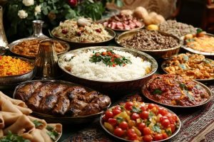 A family-style table spread featuring traditional Persian food with aromatic herb stew, saffron-topped basmati rice, warm flatbread, and colorful dips.