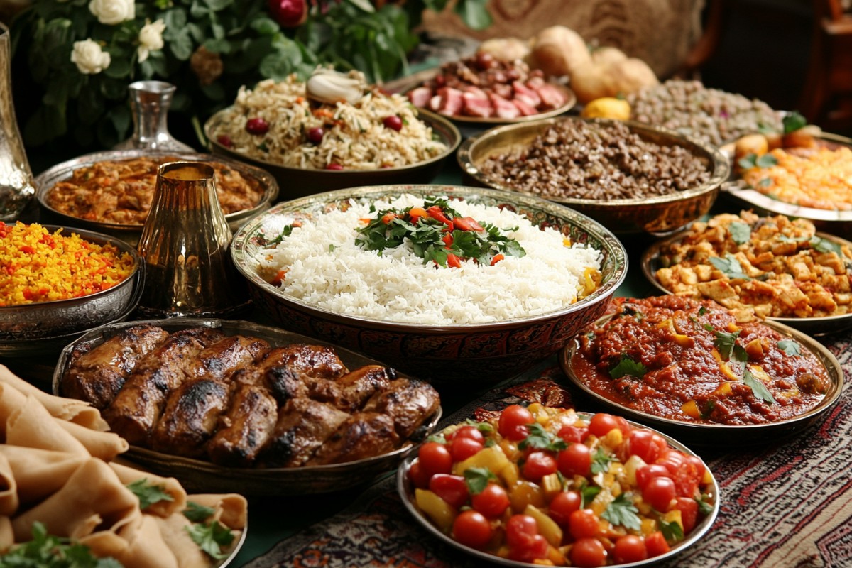 A family-style table spread featuring traditional Persian food with aromatic herb stew, saffron-topped basmati rice, warm flatbread, and colorful dips.